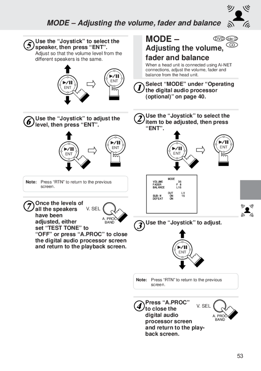 Alpine DVA-5205E owner manual Mode Adjusting the volume, fader and balance, Adjusting the volume, CD fader and balance 