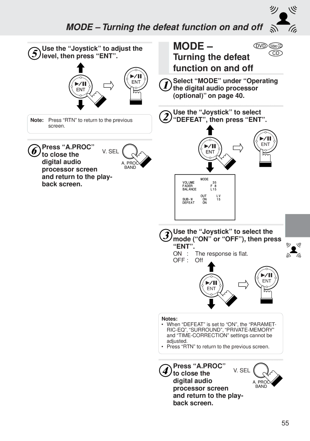 Alpine DVA-5205E owner manual Mode Turning the defeat function on and off, On The response is flat OFF Off 