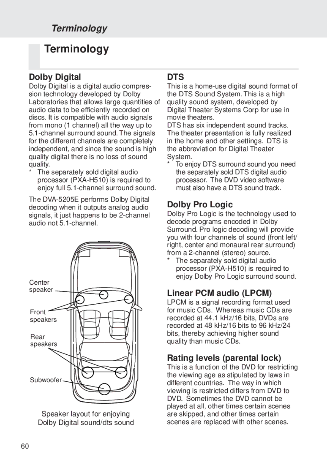 Alpine DVA-5205E owner manual Terminology, Speaker layout for enjoying Dolby Digital sound/dts sound 