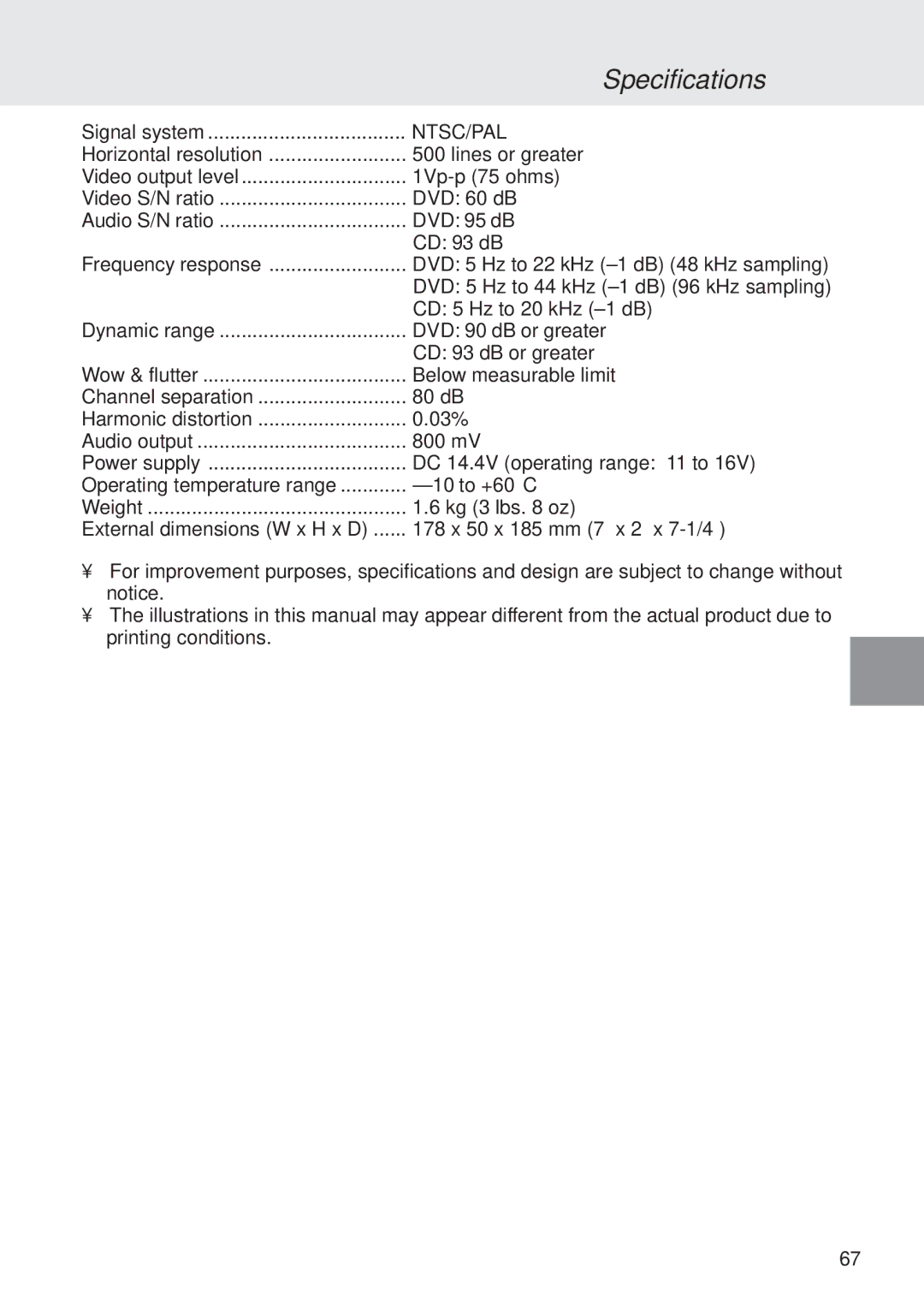 Alpine DVA-5205E owner manual Specifications, Ntsc/Pal 