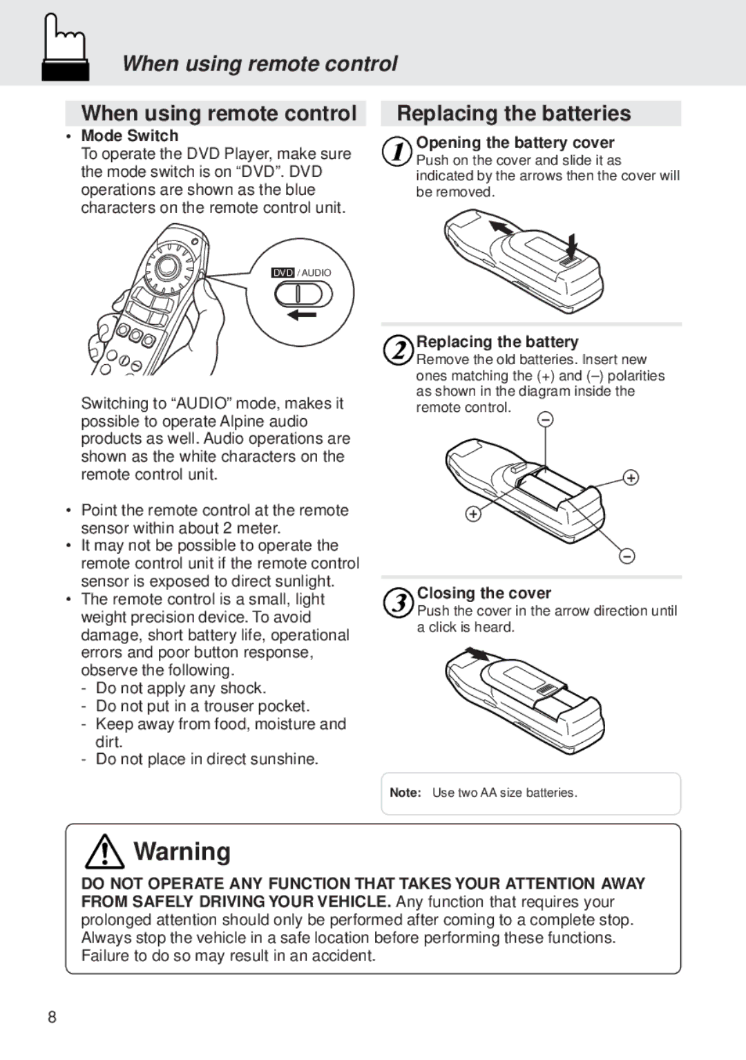 Alpine DVA-5205E owner manual When using remote control, Replacing the batteries 