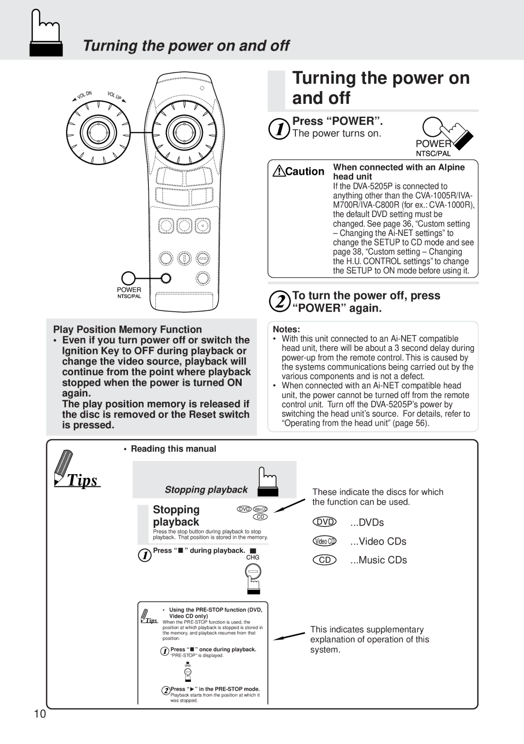 Alpine DVA-5205P owner manual Turning the power on and off 