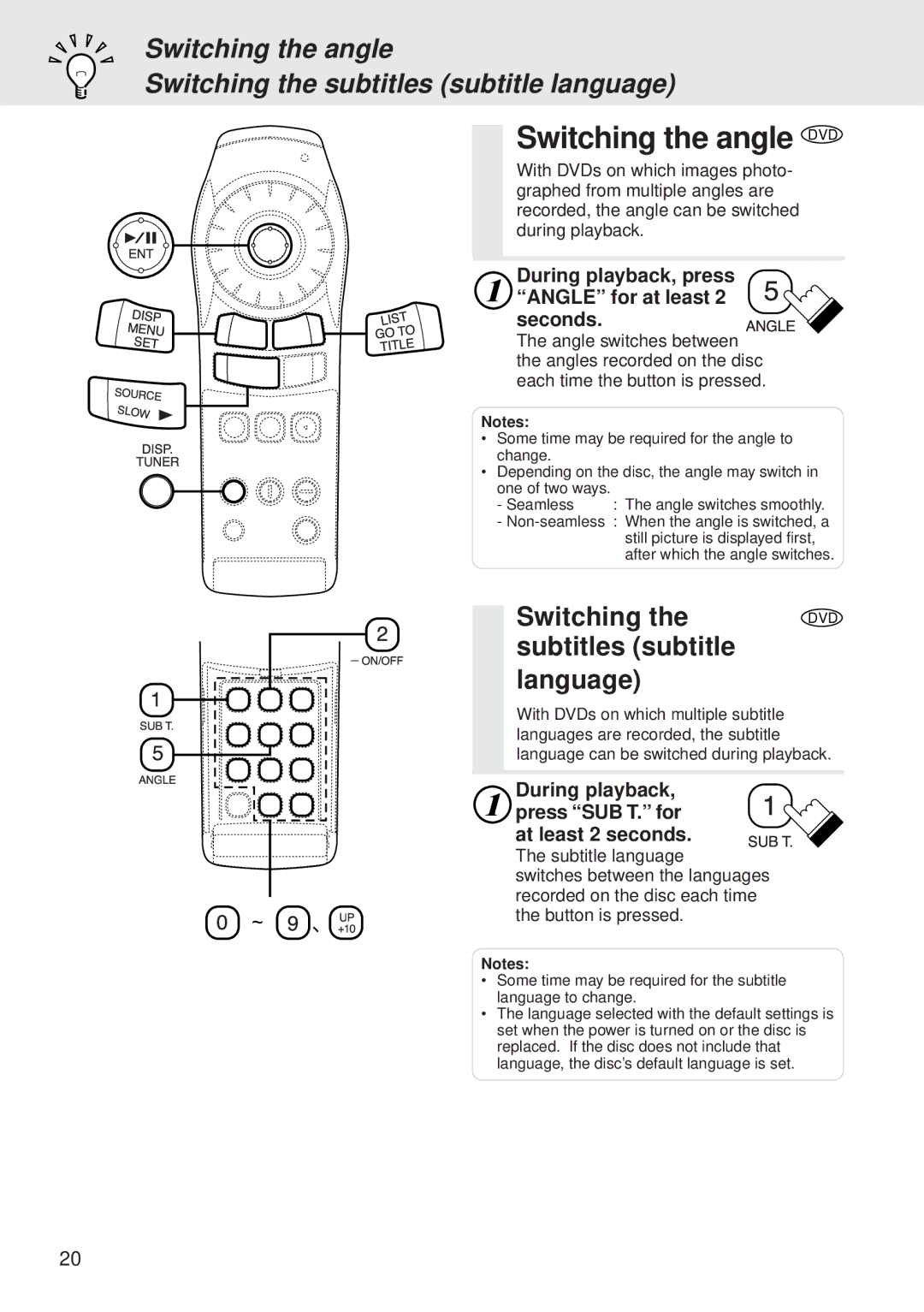 Alpine DVA-5205P Switching the angle DVD, Subtitles subtitle Language, During playback, press Angle for at least Seconds 