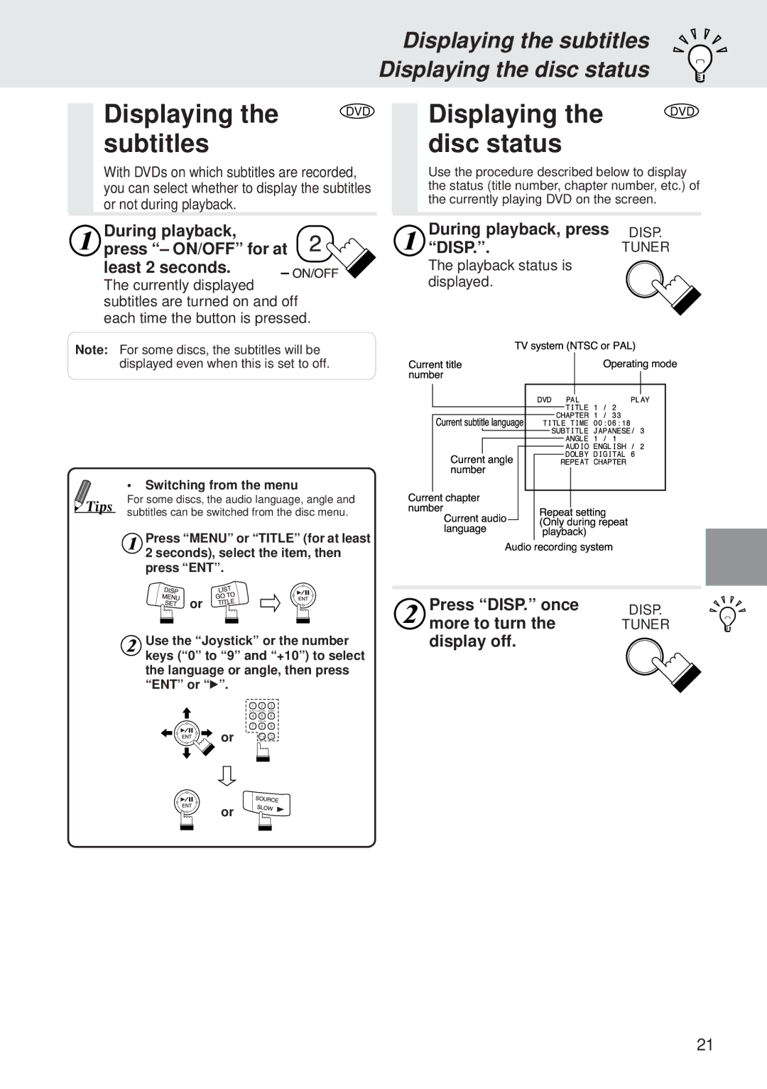 Alpine DVA-5205P owner manual Subtitles, Disc status, Displaying the subtitles Displaying the disc status 