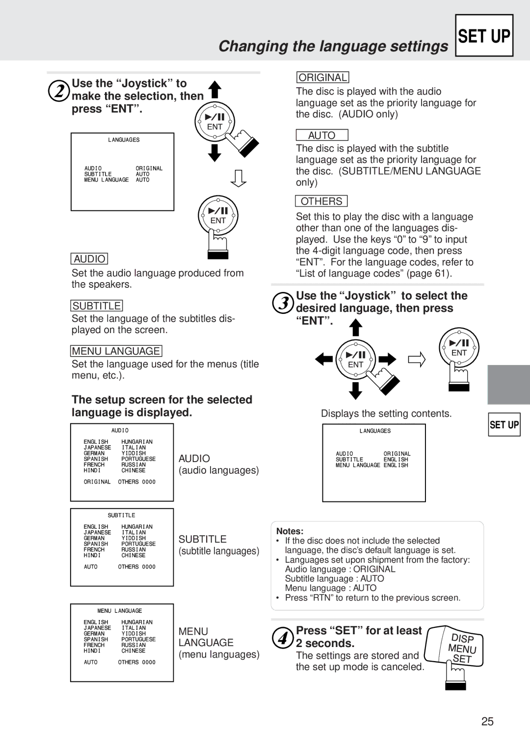 Alpine DVA-5205P owner manual Changing the language settings, Setup screen for the selected language is displayed 