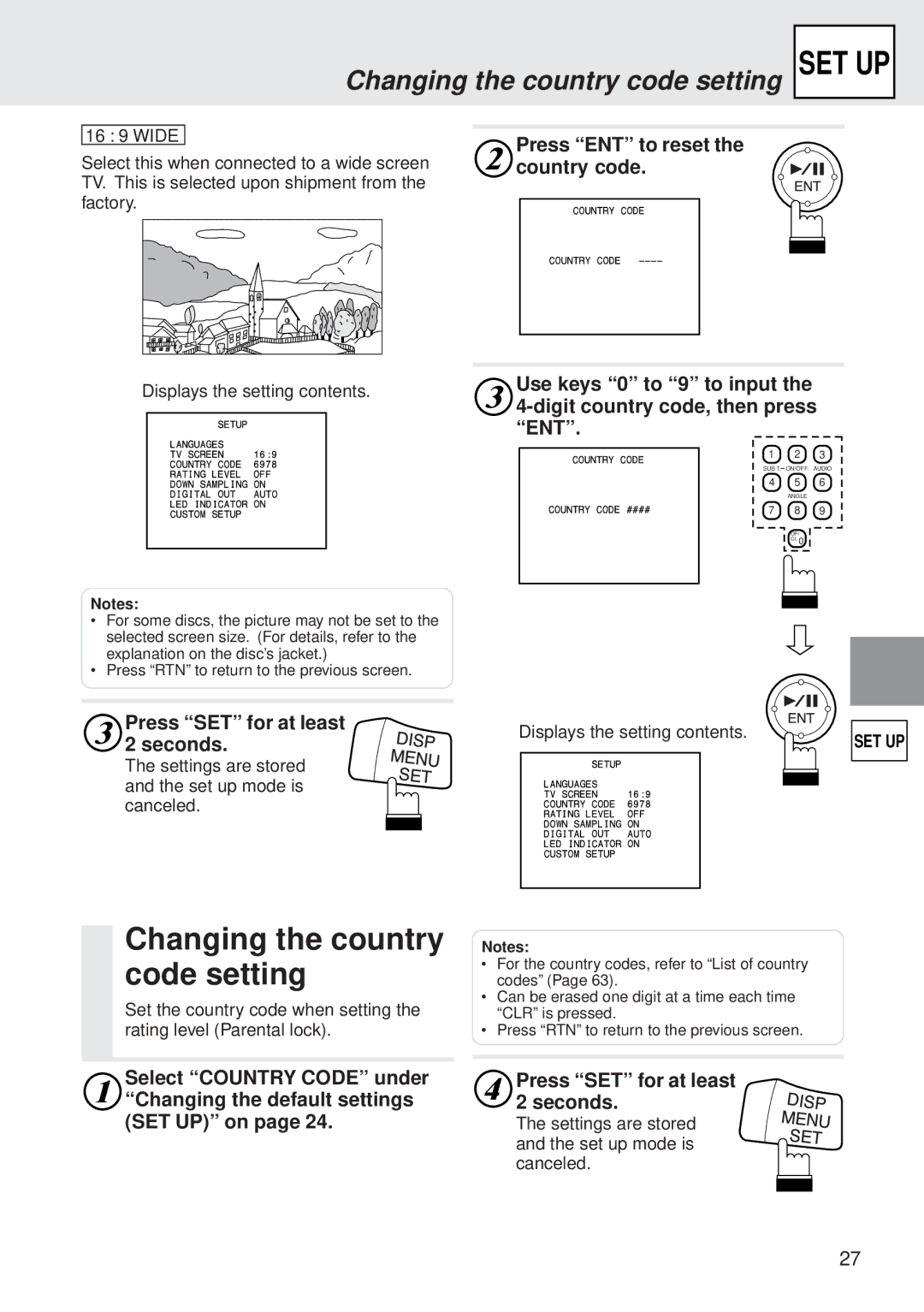 Alpine DVA-5205P Changing the country code setting, Press ENT to reset the country code, Press SET for at least 