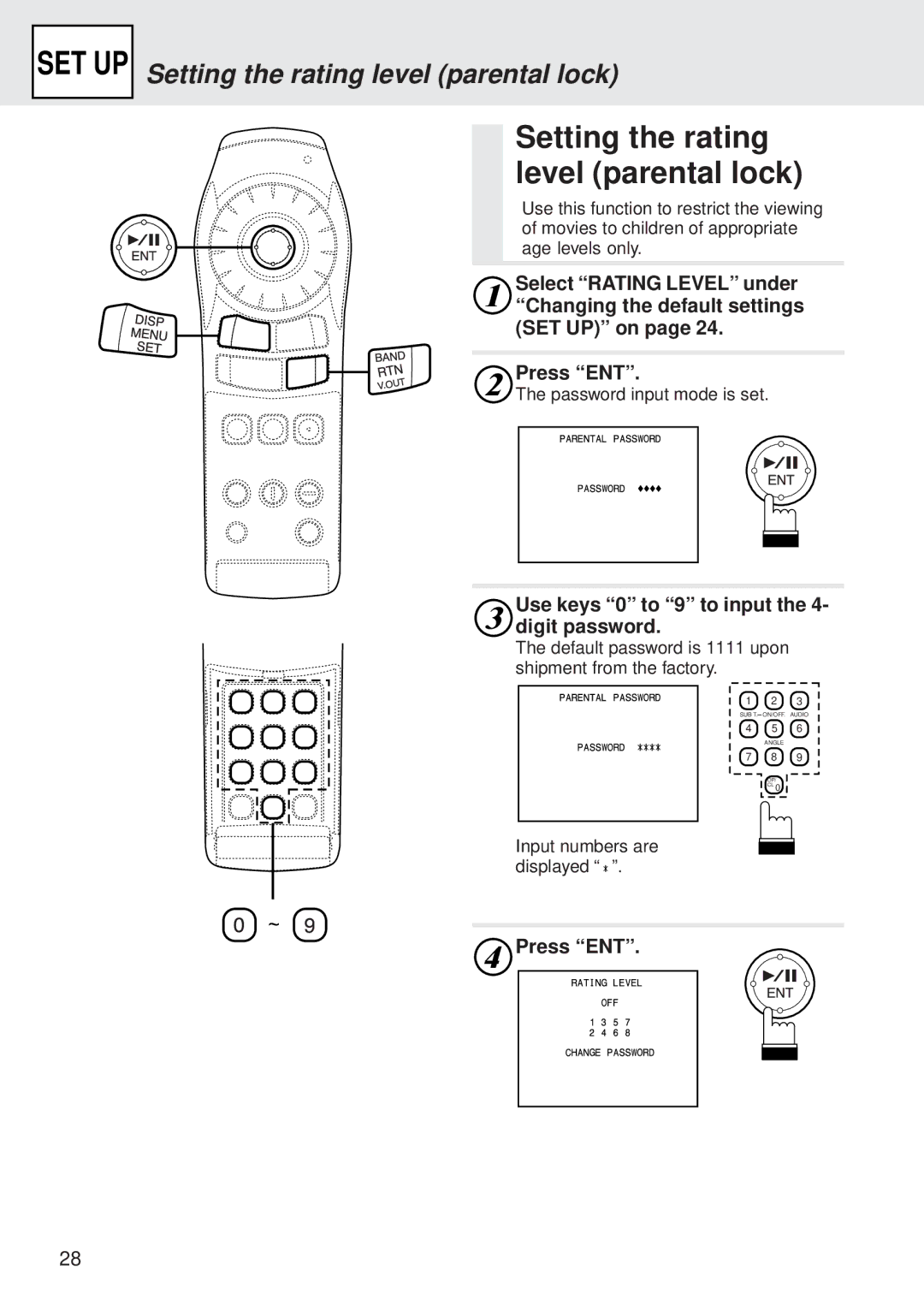 Alpine DVA-5205P owner manual Setting the rating level parental lock, Use keys 0 to 9 to input the 4- digit password 