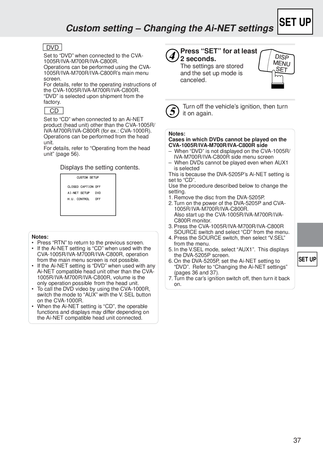 Alpine DVA-5205P owner manual Custom setting Changing the Ai-NET settings SET UP, Dvd 