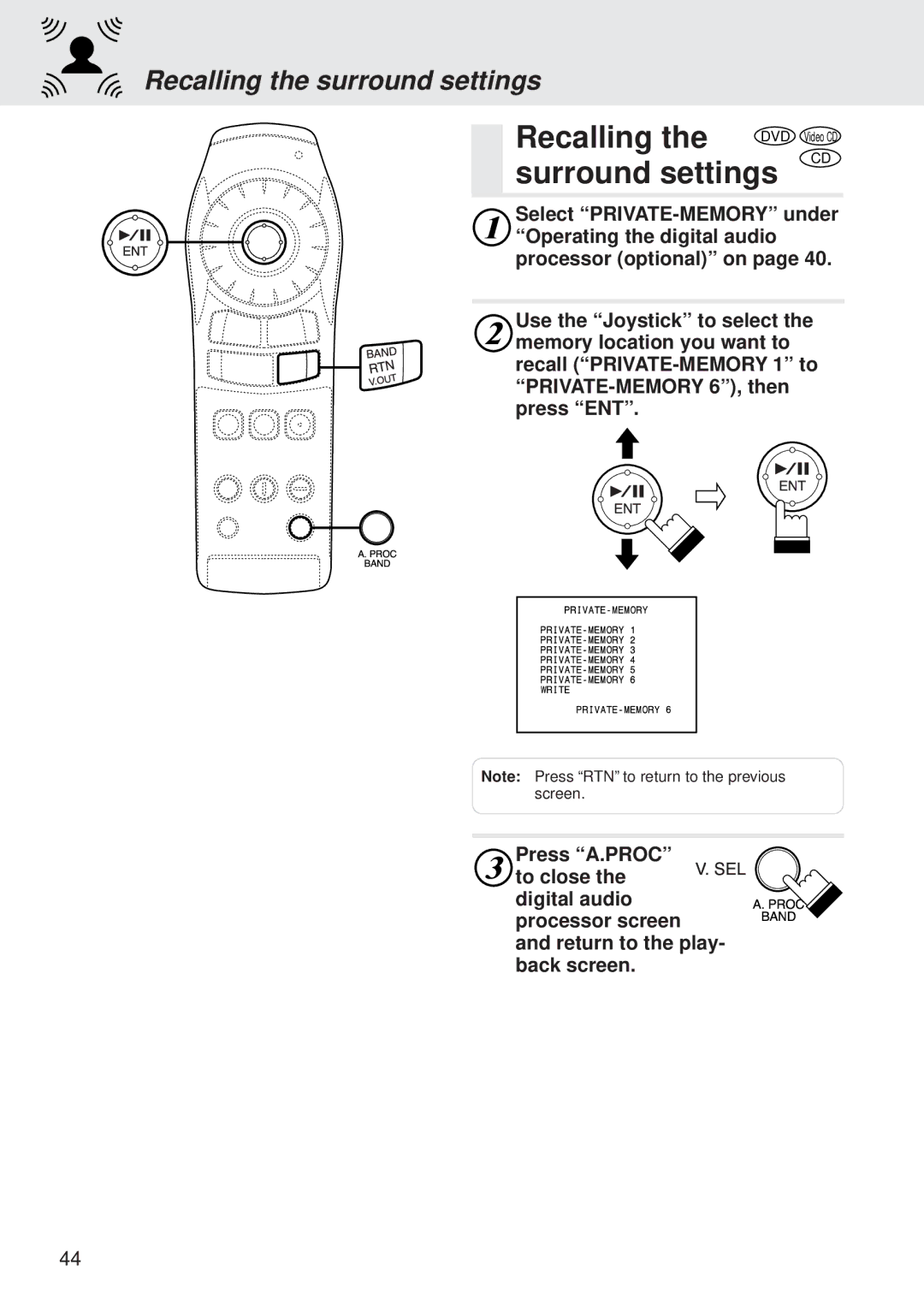 Alpine DVA-5205P owner manual Recalling the surround settings 