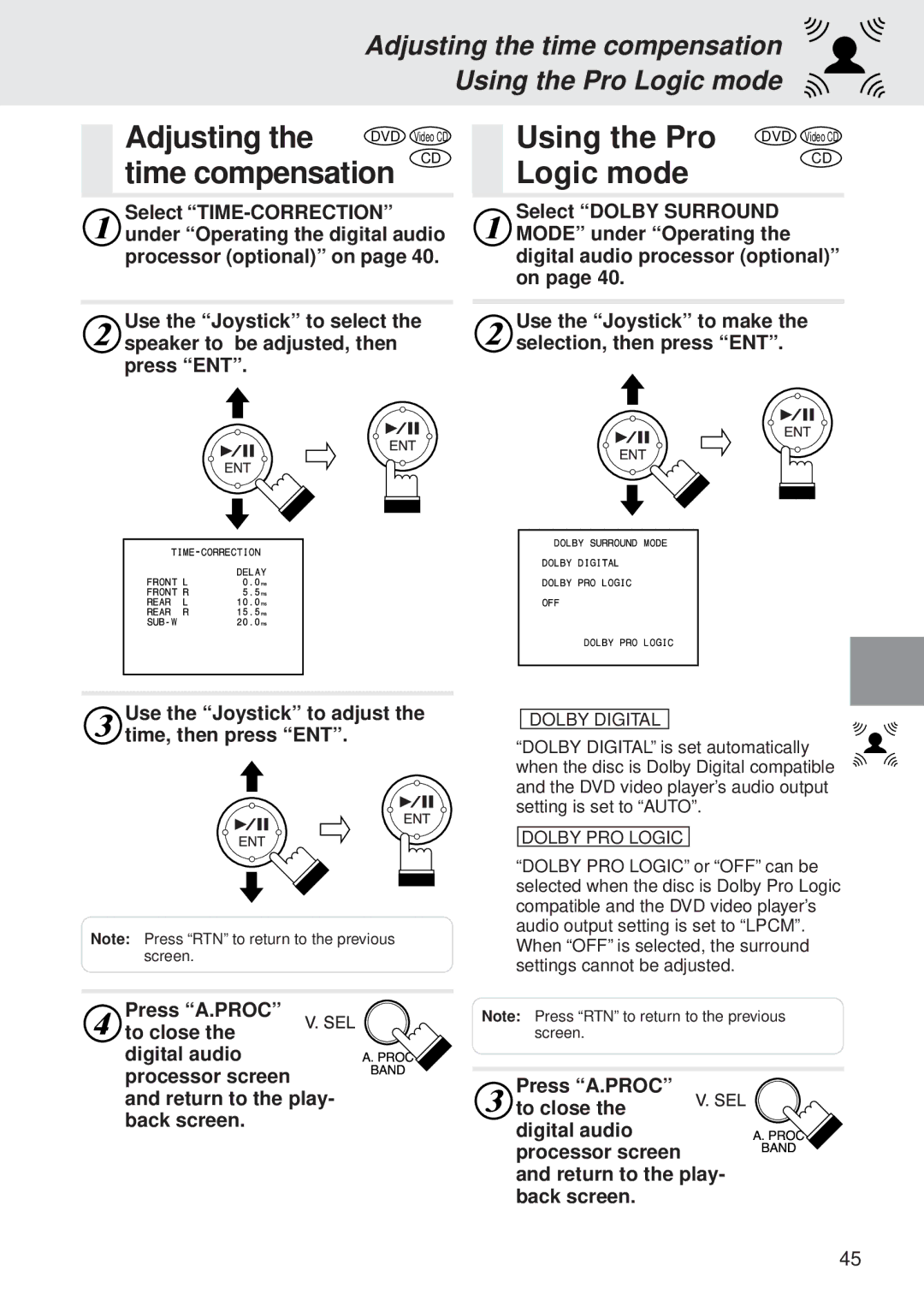 Alpine DVA-5205P owner manual Adjusting, Using the Pro, Logic mode, Time compensation 