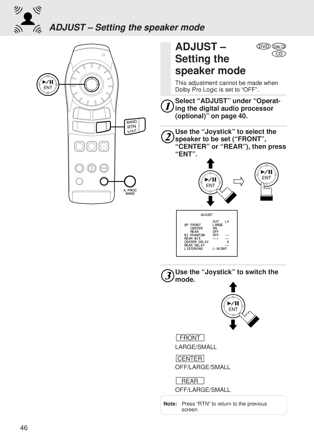 Alpine DVA-5205P owner manual Setting Speaker mode, Adjust Setting the speaker mode, Use the Joystick to switch the mode 