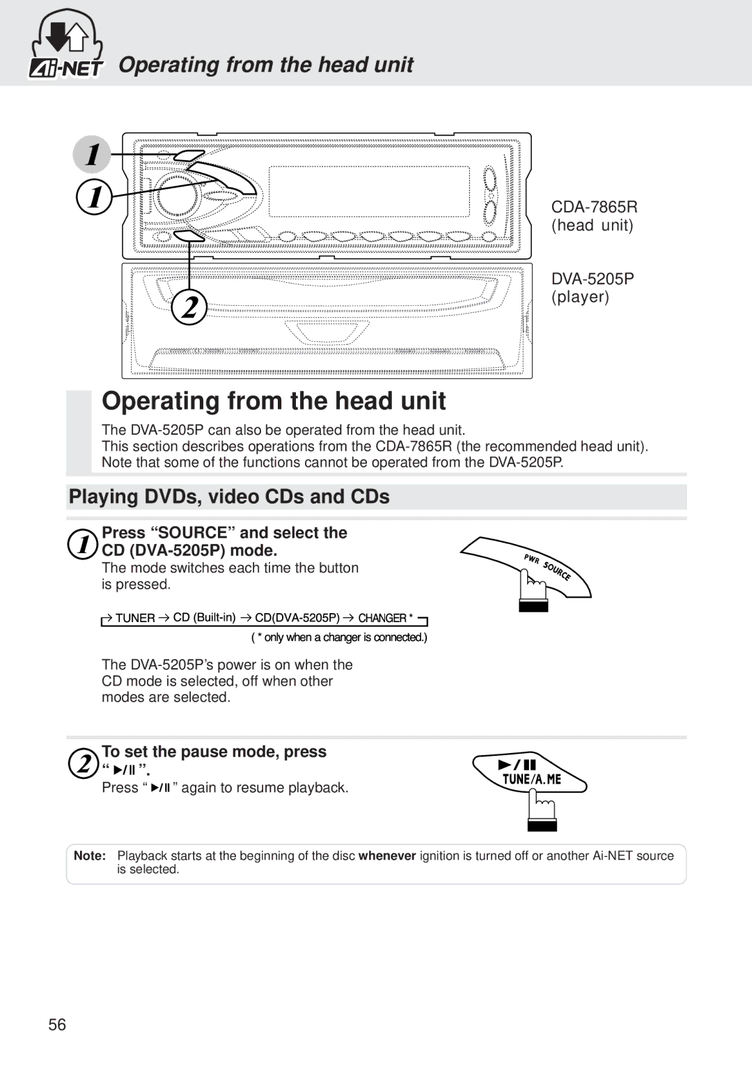 Alpine Operating from the head unit, Press Source and select CD DVA-5205P mode, To set the pause mode, press 