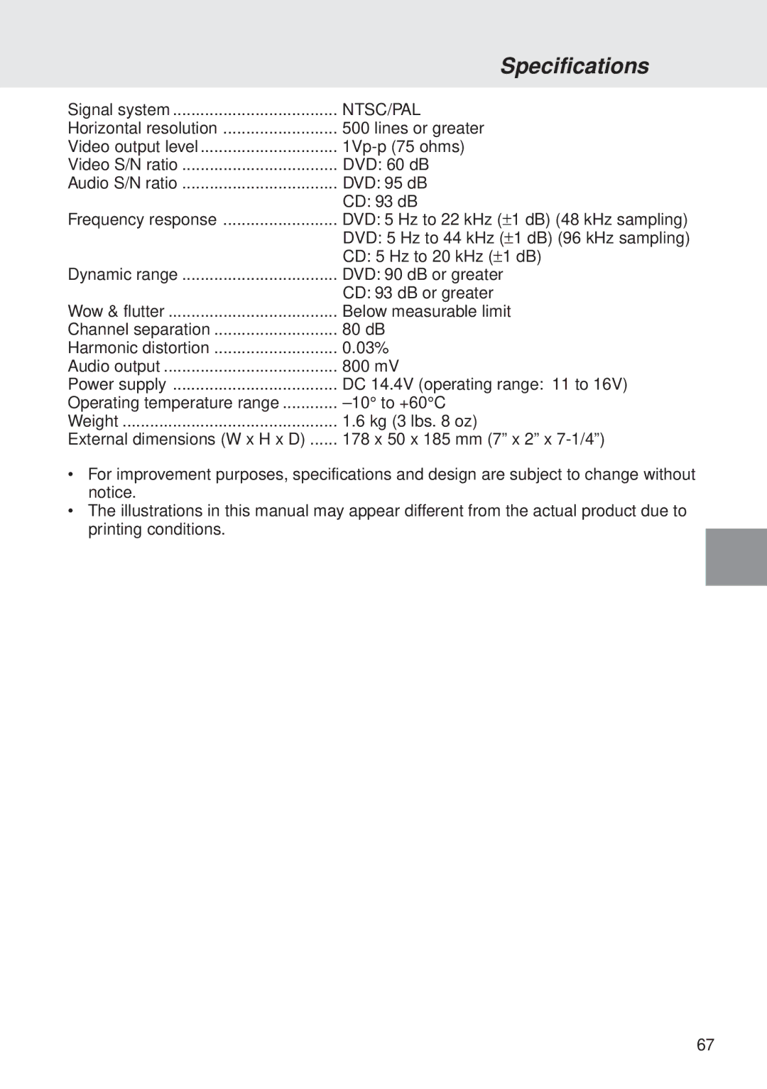 Alpine DVA-5205P owner manual Specifications, Ntsc/Pal 