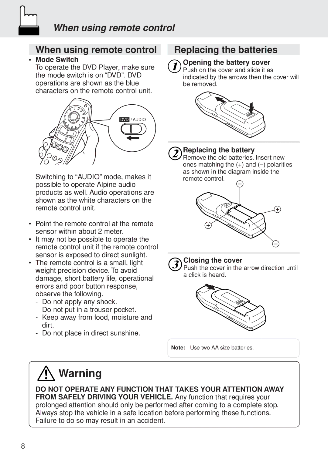 Alpine DVA-5205P owner manual When using remote control, Replacing the batteries 