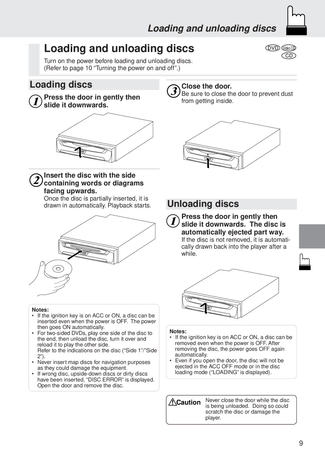 Alpine DVA-5205P owner manual Loading and unloading discs, Loading discs, Unloading discs 