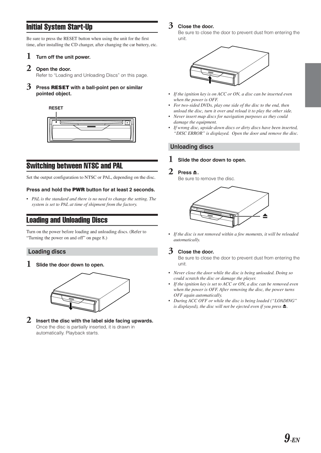 Alpine DVA-5210 Initial System Start-Up, Switching between Ntsc and PAL, Loading and Unloading Discs, Loading discs 