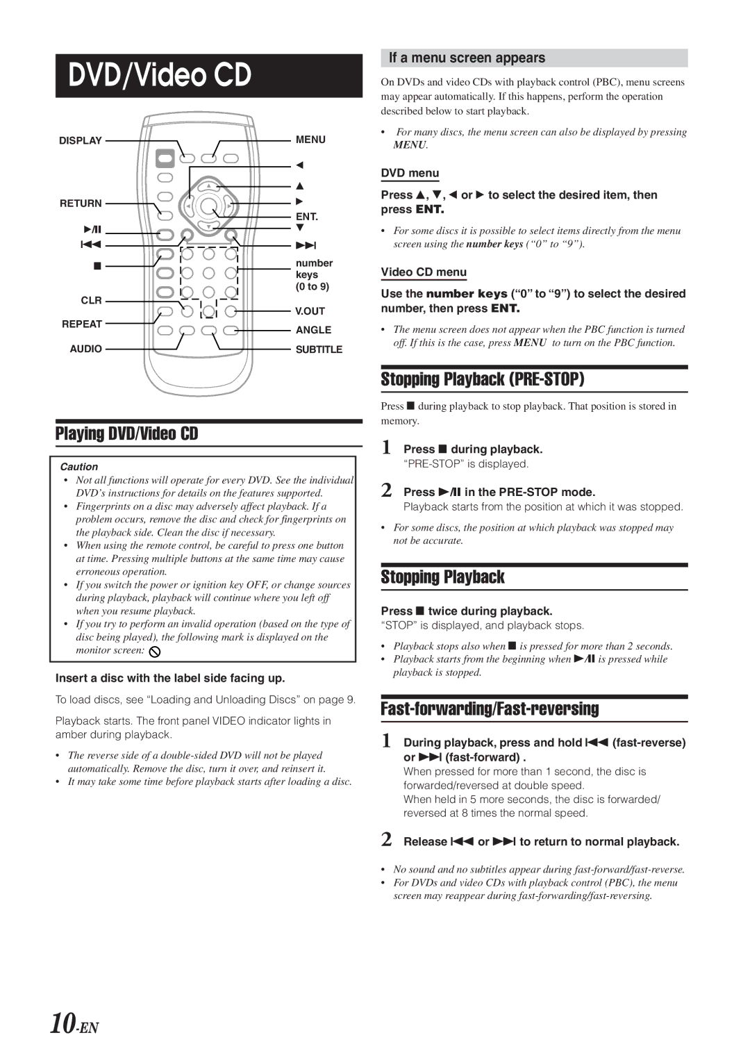 Alpine DVA-5210 owner manual Playing DVD/Video CD, Stopping Playback PRE-STOP, Fast-forwarding/Fast-reversing 