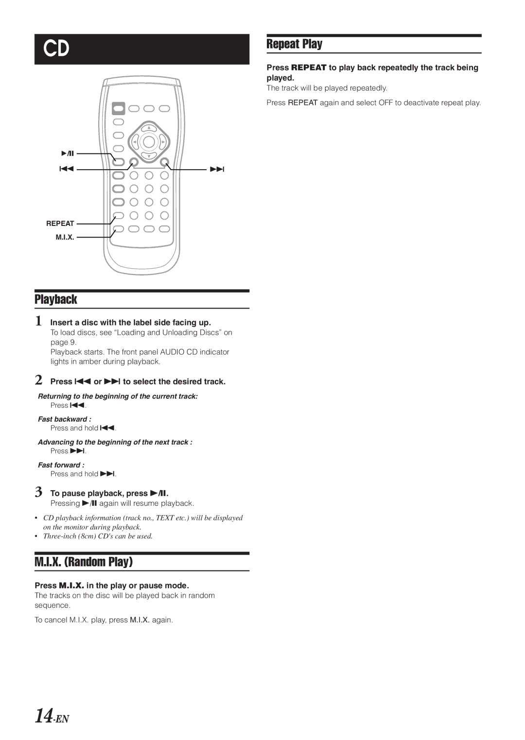 Alpine DVA-5210 owner manual Repeat Play, Playback, X. Random Play, 14-EN 