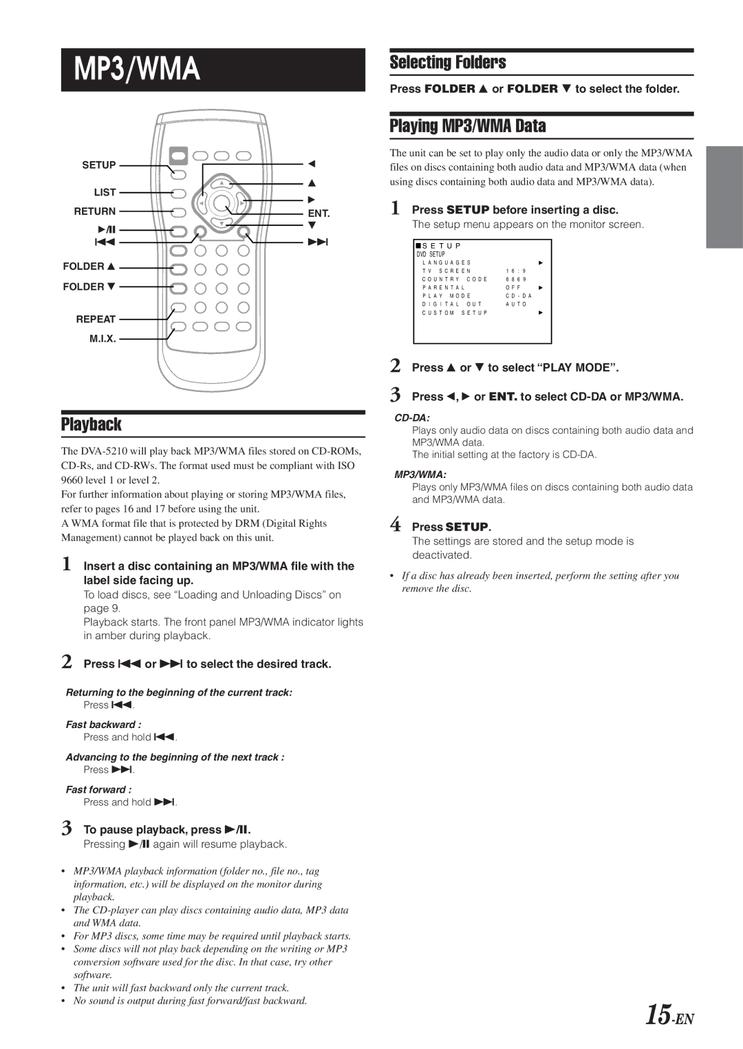 Alpine DVA-5210 owner manual Selecting Folders, Playing MP3/WMA Data, 15-EN 