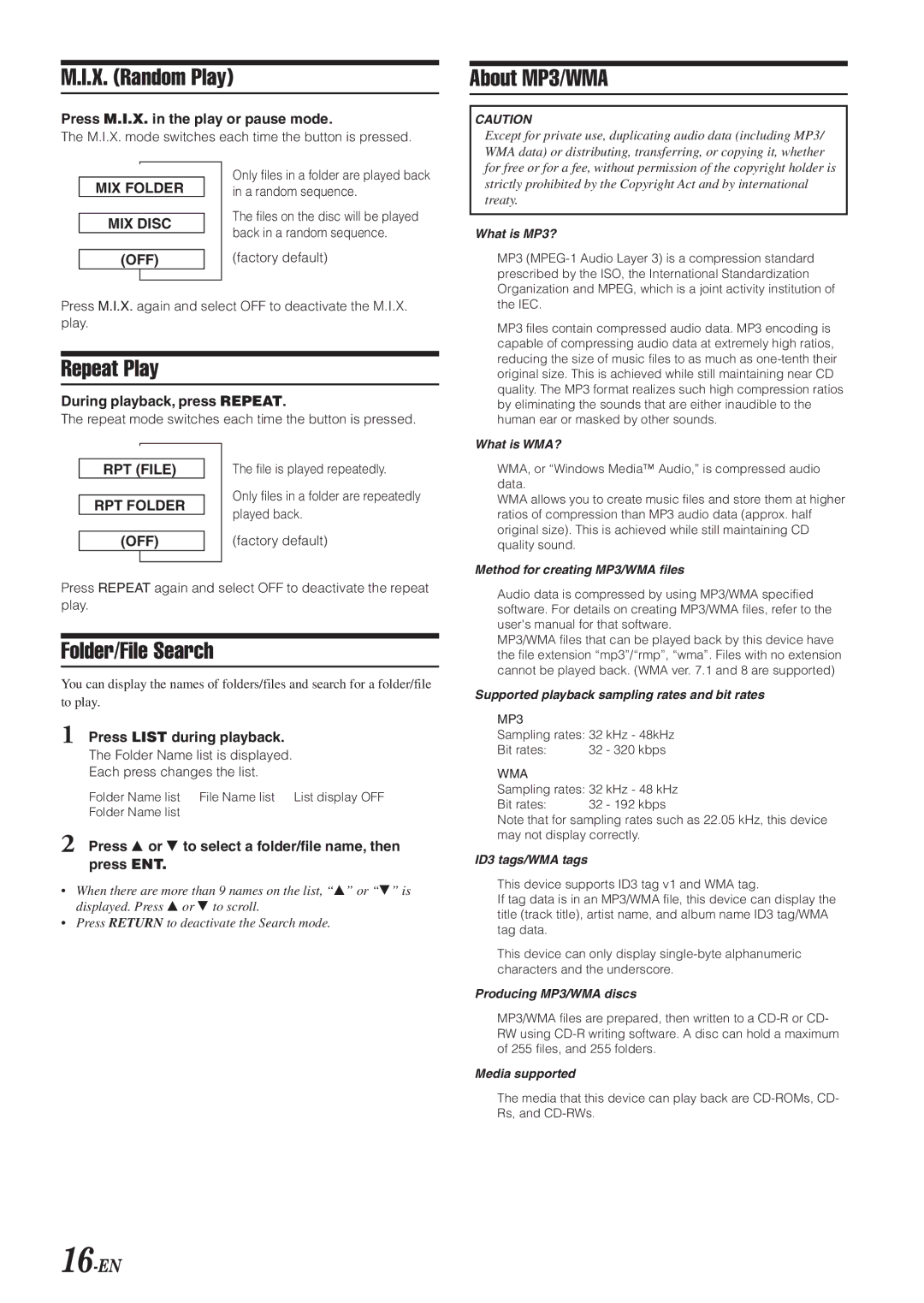 Alpine DVA-5210 owner manual Folder/File Search, About MP3/WMA, 16-EN, Press List during playback 