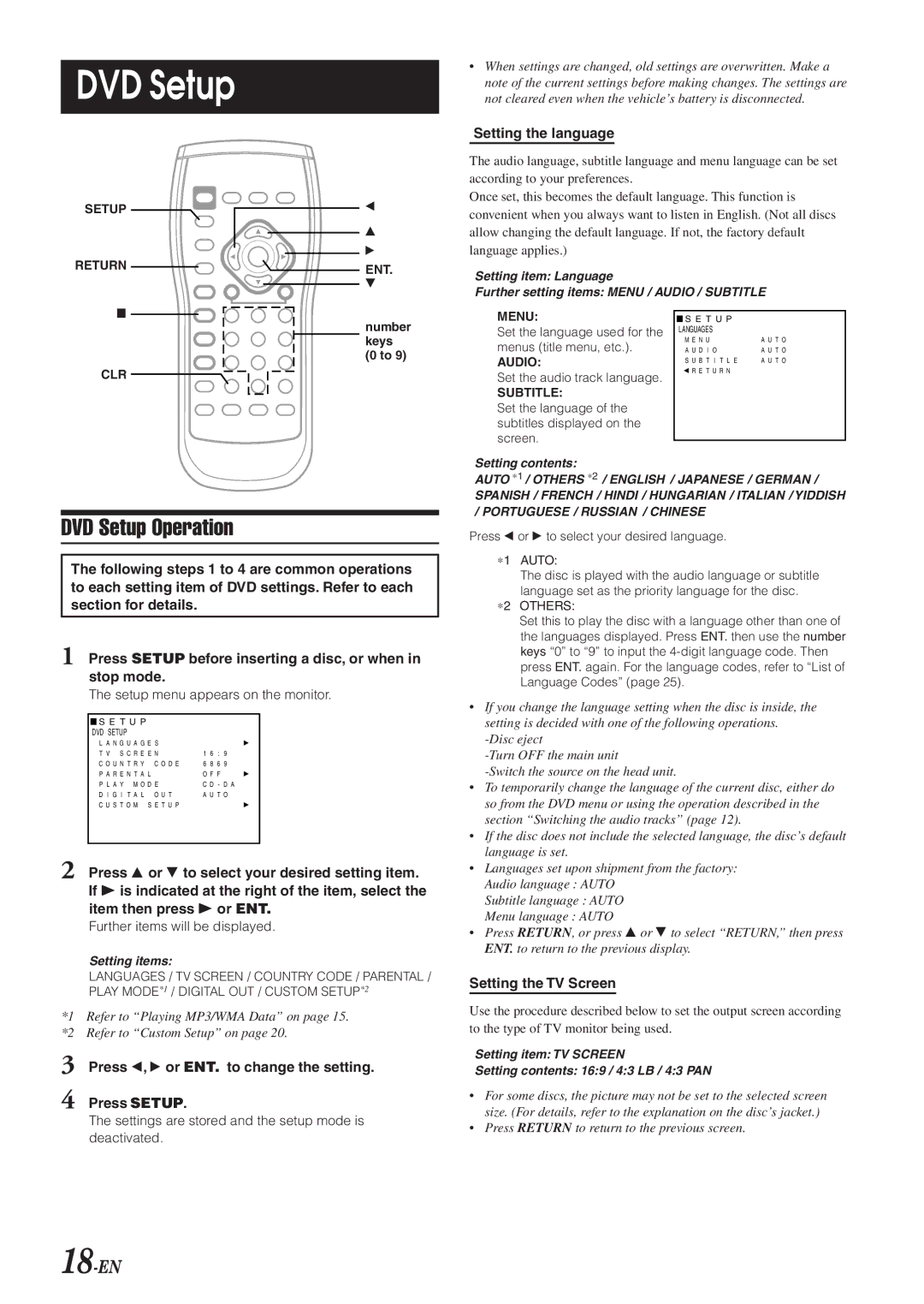 Alpine DVA-5210 owner manual DVD Setup Operation, 18-EN 