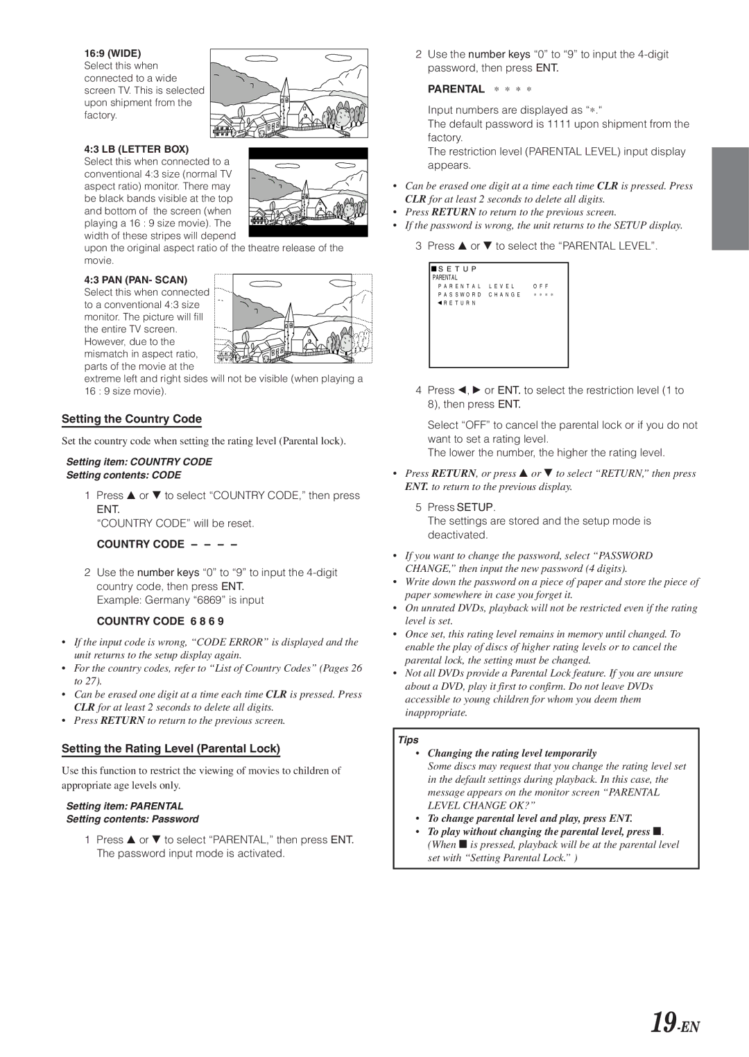 Alpine DVA-5210 owner manual 19-EN, Setting the Country Code, Setting the Rating Level Parental Lock 