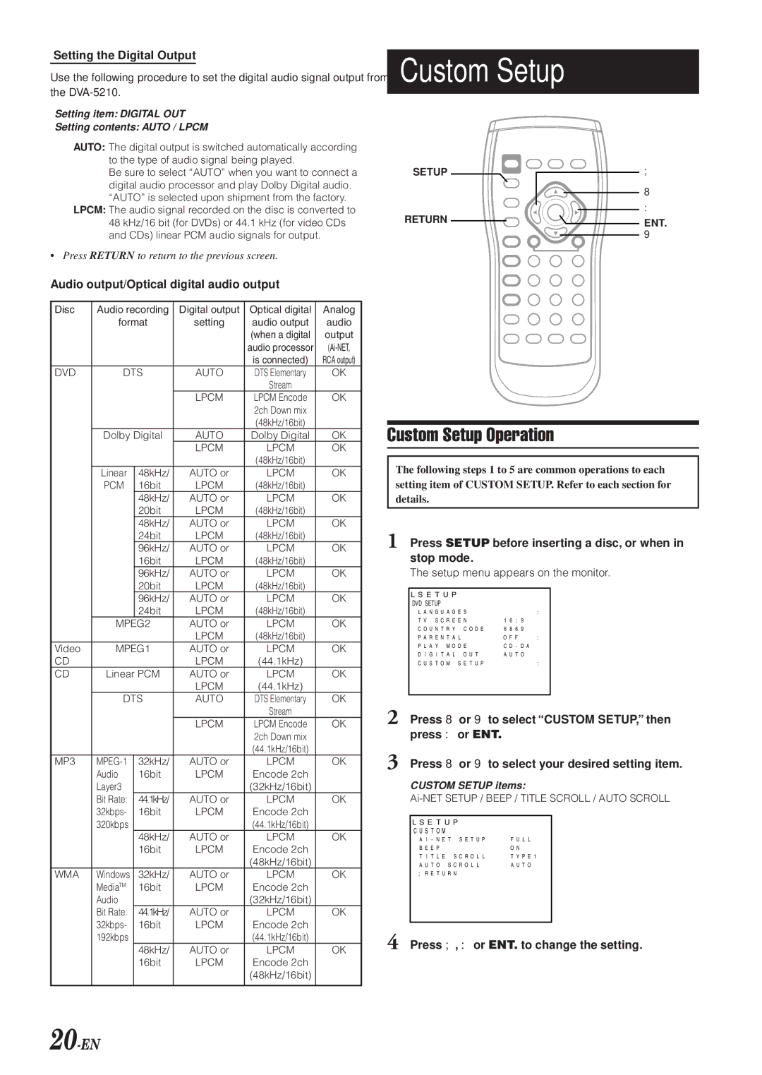 Alpine DVA-5210 owner manual Custom Setup Operation, 20-EN 