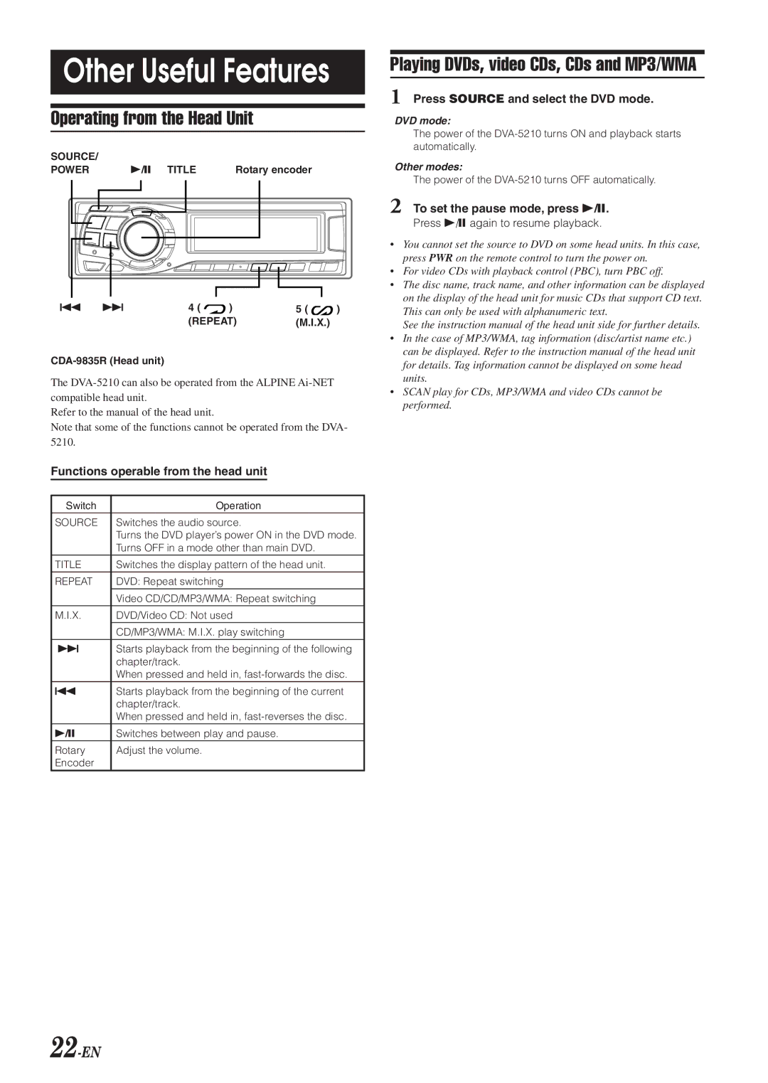 Alpine DVA-5210 owner manual Other Useful Features, Operating from the Head Unit, 22-EN 