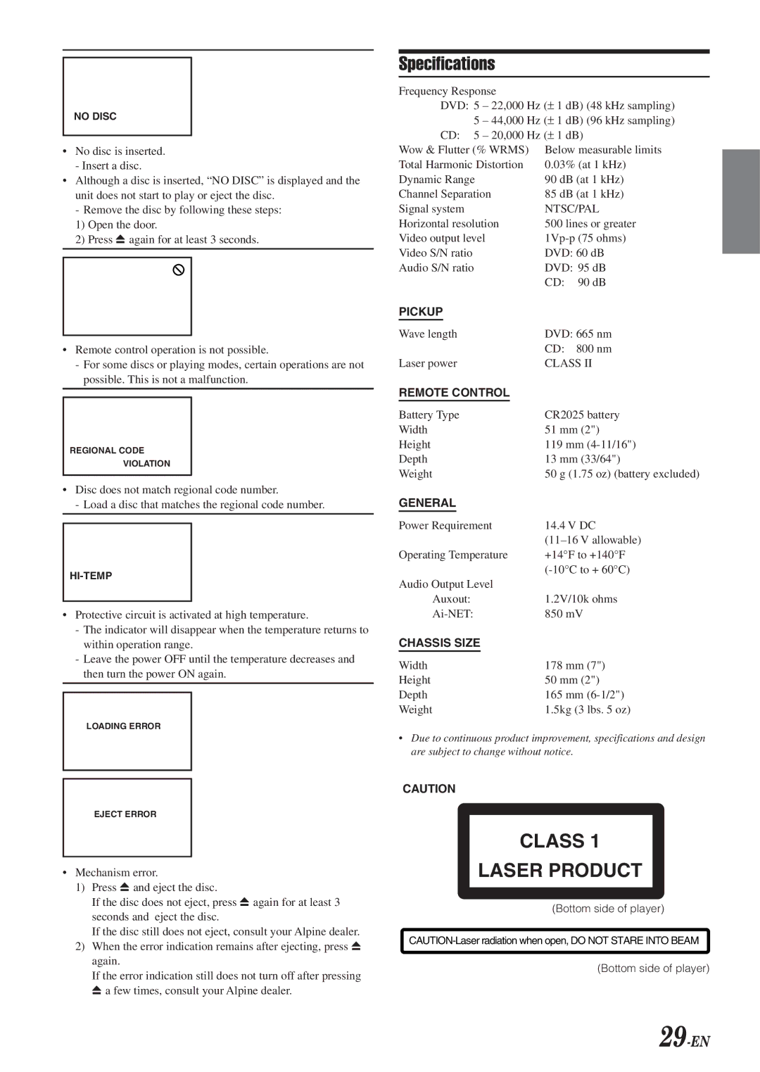 Alpine DVA-5210 owner manual Specifications, 29-EN, Bottom side of player 