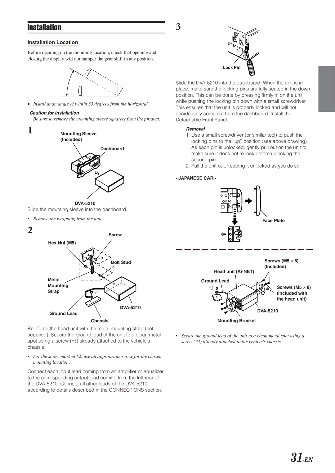 Alpine DVA-5210 owner manual 31-EN, Installation Location, Slide the mounting sleeve into the dashboard 