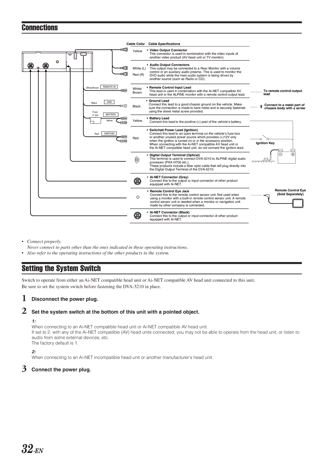 Alpine DVA-5210 owner manual Connections, Setting the System Switch, 32-EN, Connect the power plug 