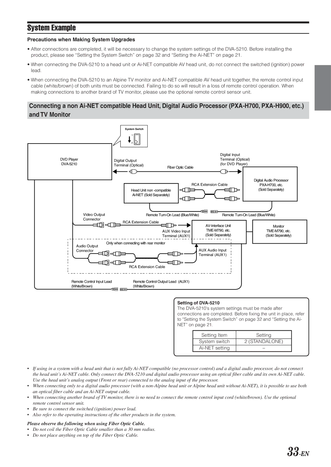 Alpine DVA-5210 owner manual System Example, 33-EN, Precautions when Making System Upgrades, Setting Item 