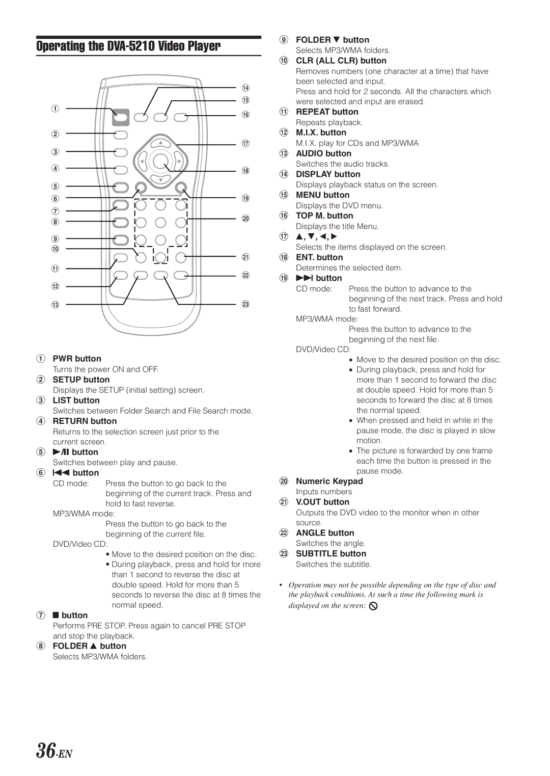 Alpine owner manual Operating the DVA-5210 Video Player, 36-EN 