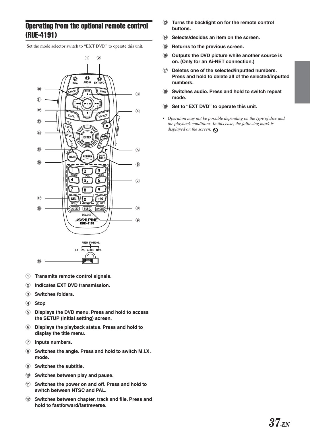 Alpine DVA-5210 owner manual Operating from the optional remote control RUE-4191, 37-EN 