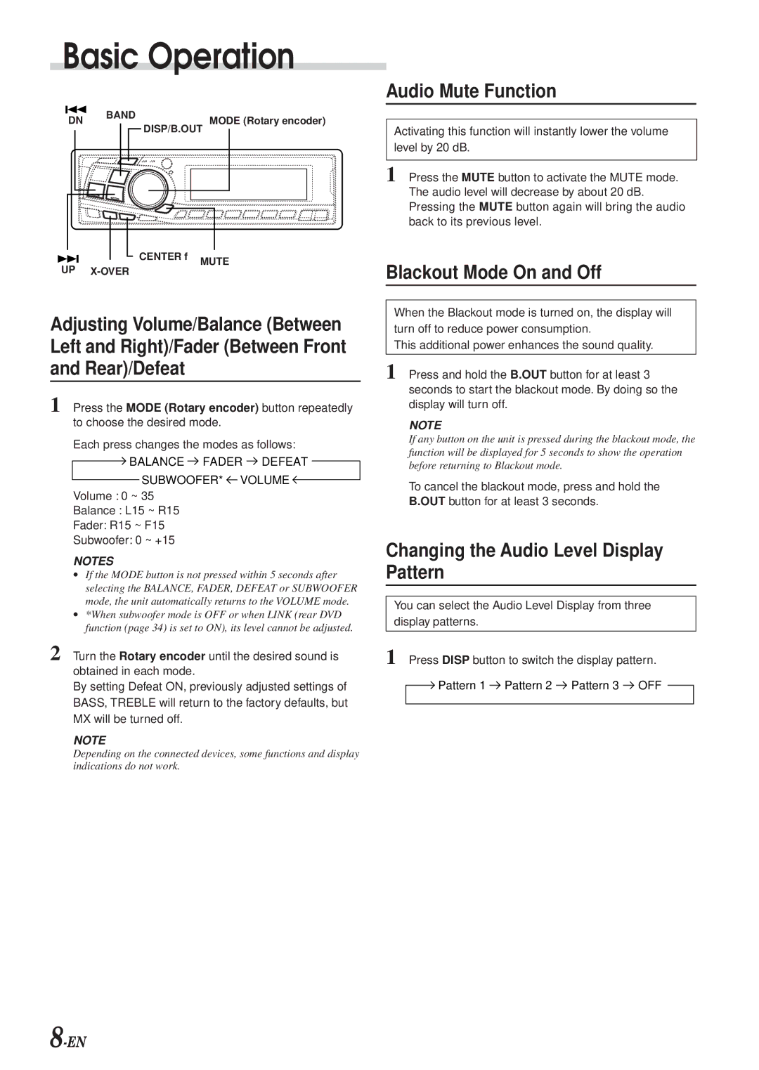 Alpine DVA-7996 owner manual Audio Mute Function, Blackout Mode On and Off, Changing the Audio Level Display Pattern 