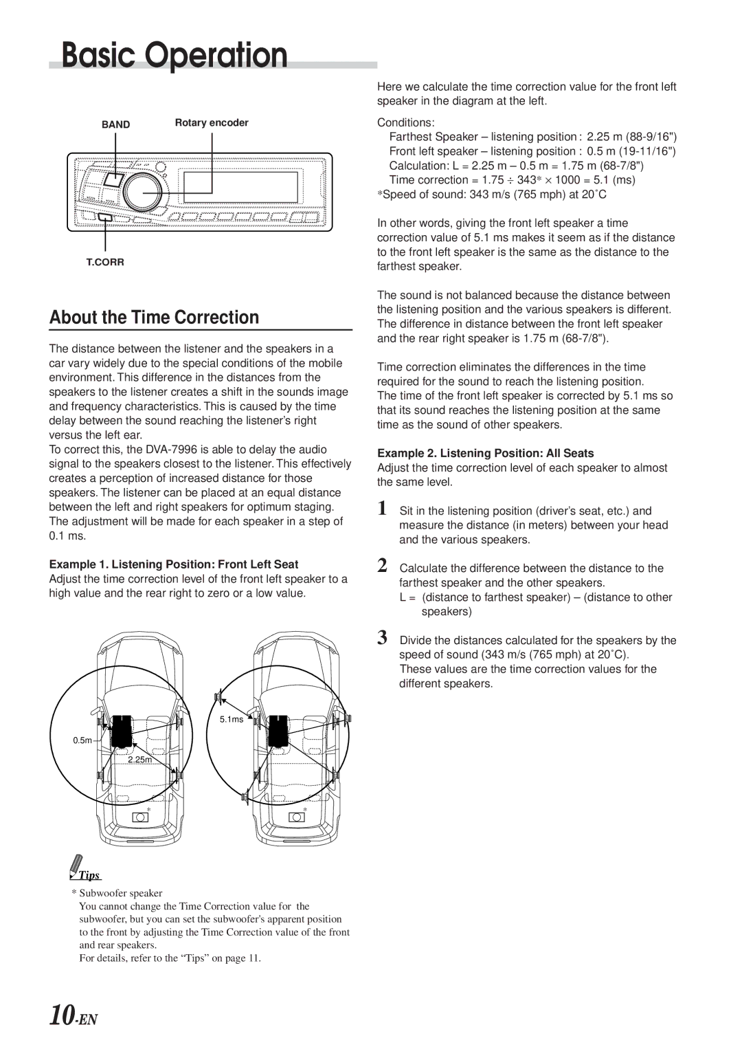 Alpine DVA-7996 owner manual About the Time Correction, Example 1. Listening Position Front Left Seat 