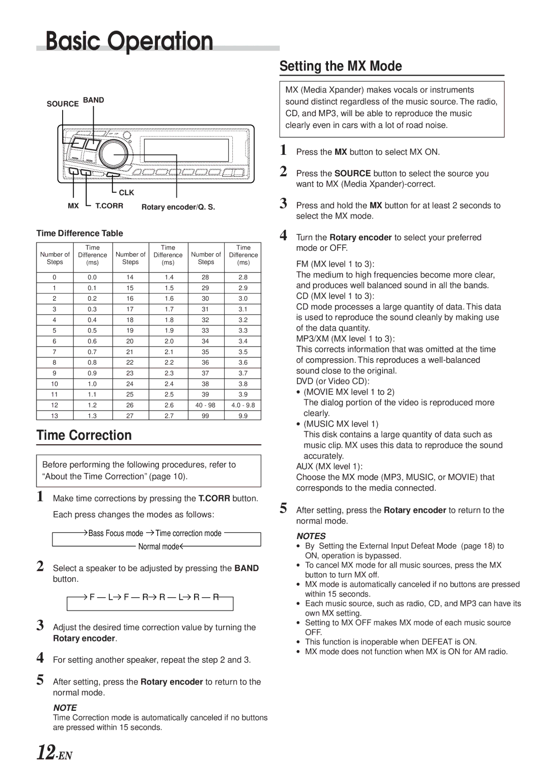 Alpine DVA-7996 owner manual Time Correction, Setting the MX Mode, Time Difference Table 