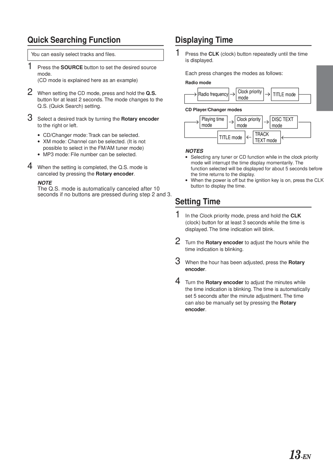 Alpine DVA-7996 owner manual Quick Searching Function, Displaying Time, Setting Time 