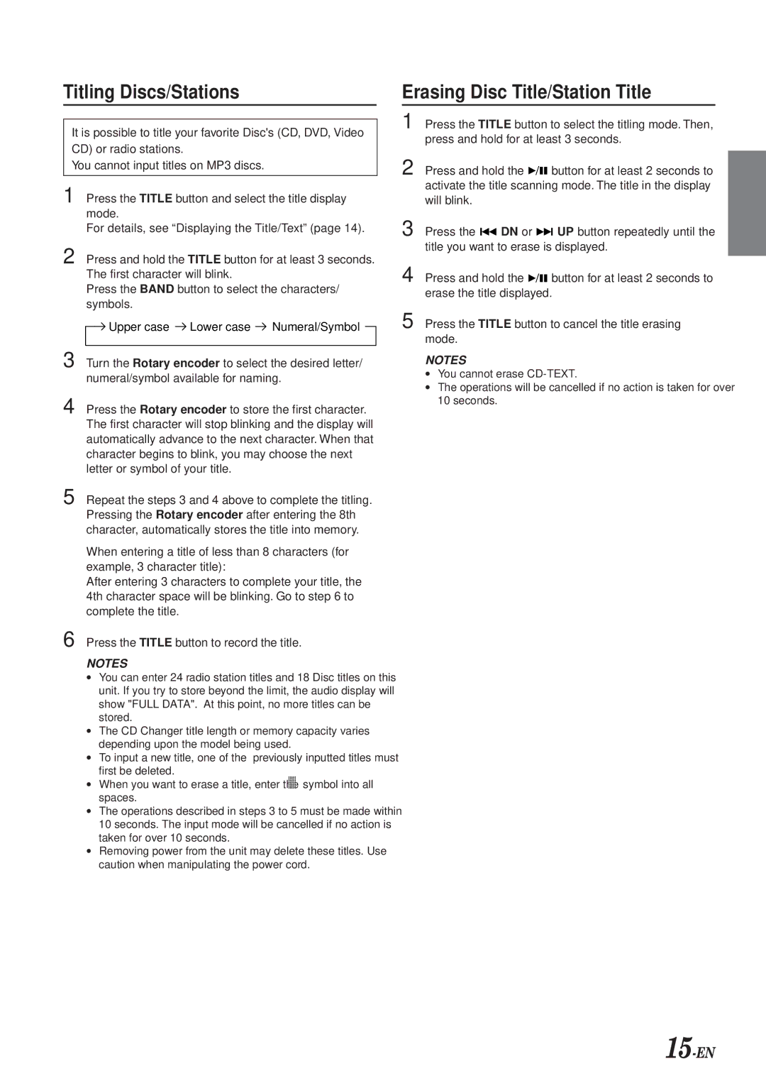 Alpine DVA-7996 owner manual Titling Discs/Stations, Erasing Disc Title/Station Title 