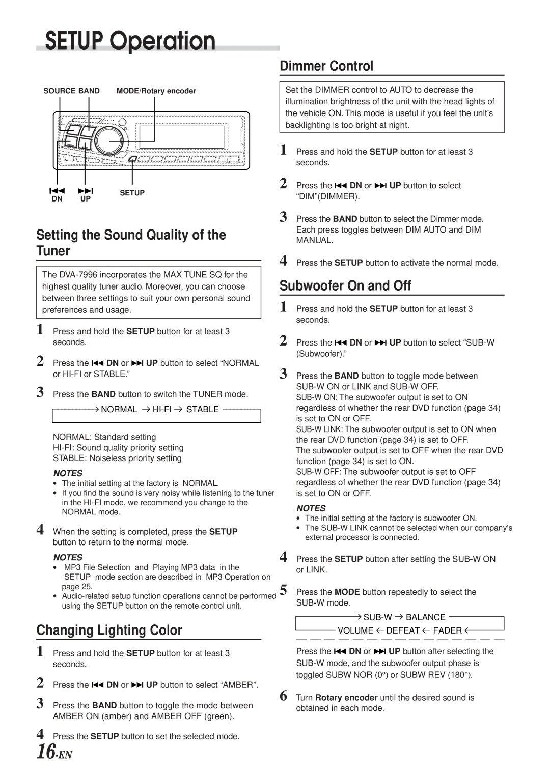 Alpine DVA-7996 Setup Operation, Setting the Sound Quality of the Tuner, Changing Lighting Color, Dimmer Control 