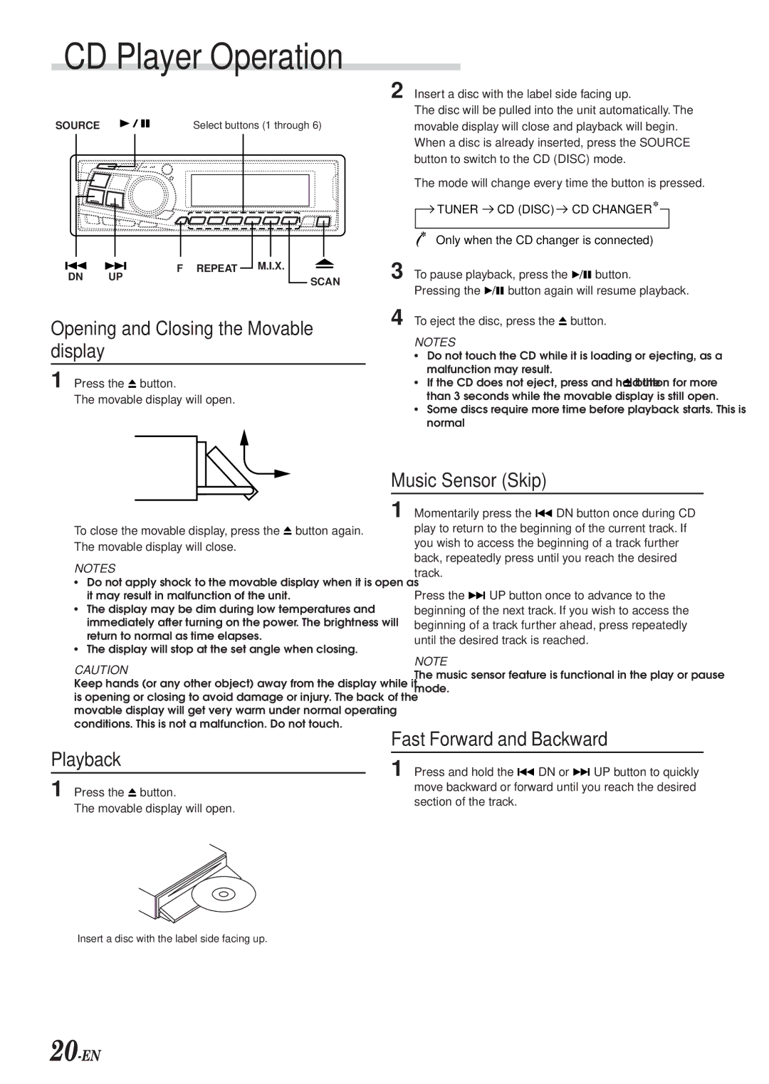 Alpine DVA-7996 owner manual CD Player Operation, Opening and Closing the Movable display, Playback, Music Sensor Skip 