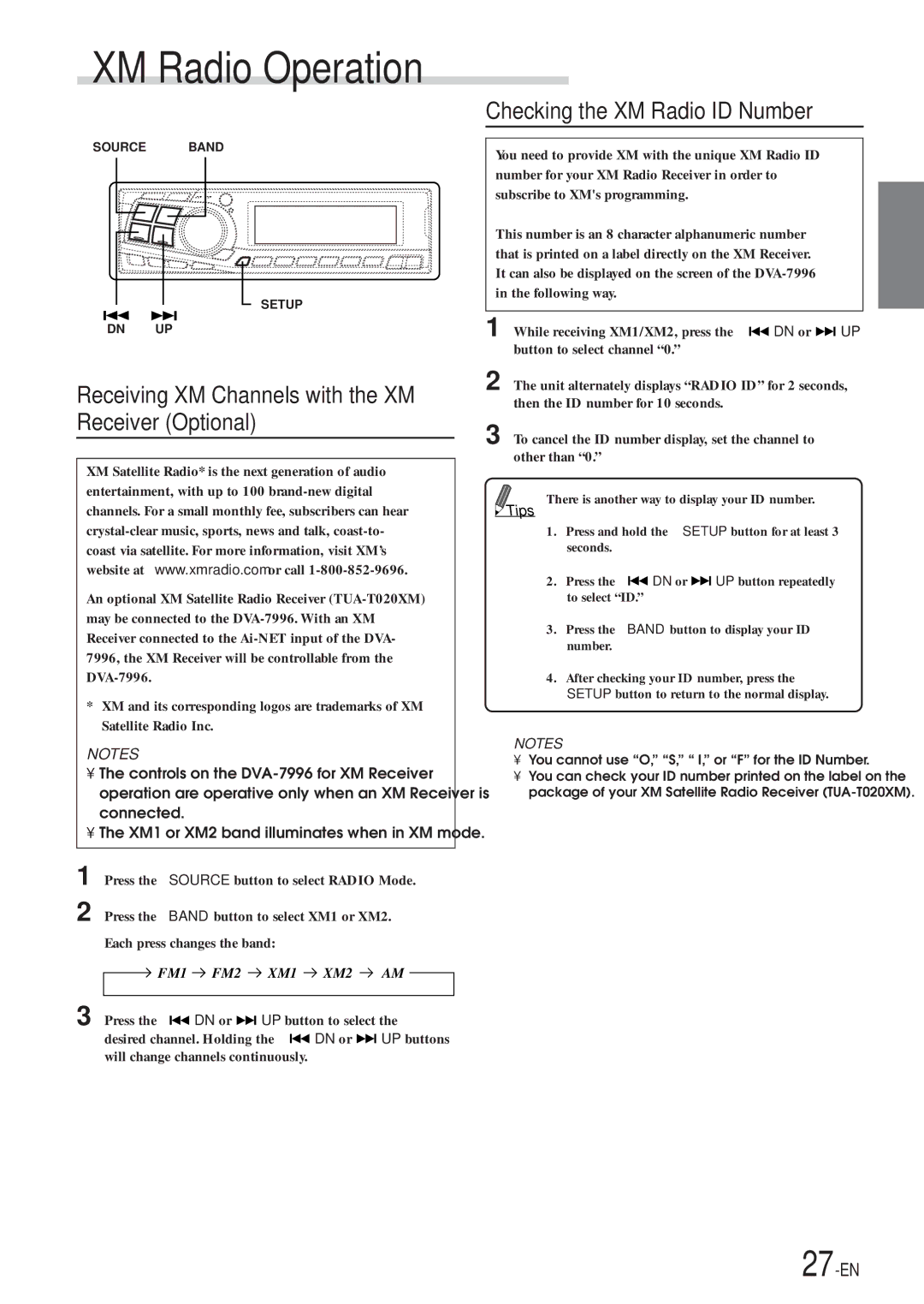 Alpine DVA-7996 XM Radio Operation, Receiving XM Channels with the XM Receiver Optional, Checking the XM Radio ID Number 