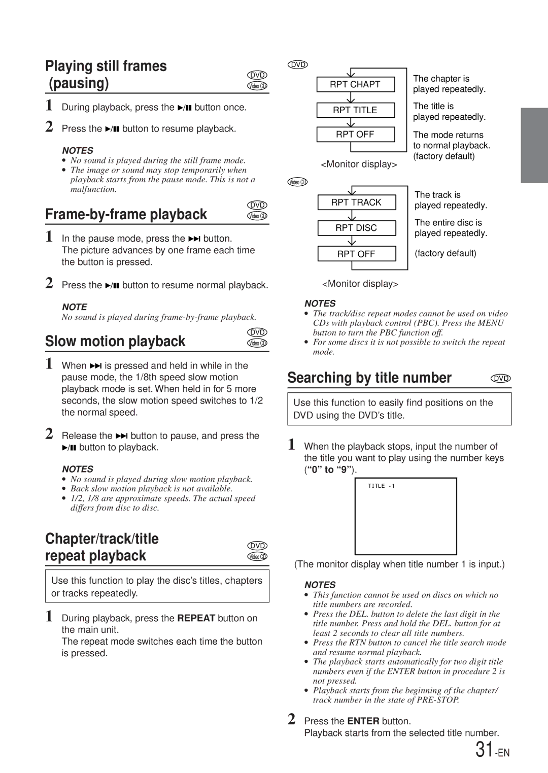 Alpine DVA-7996 Playing still frames, PausingVideo CD, Frame-by-frame playback, Slow motion playback, Chapter/track/title 