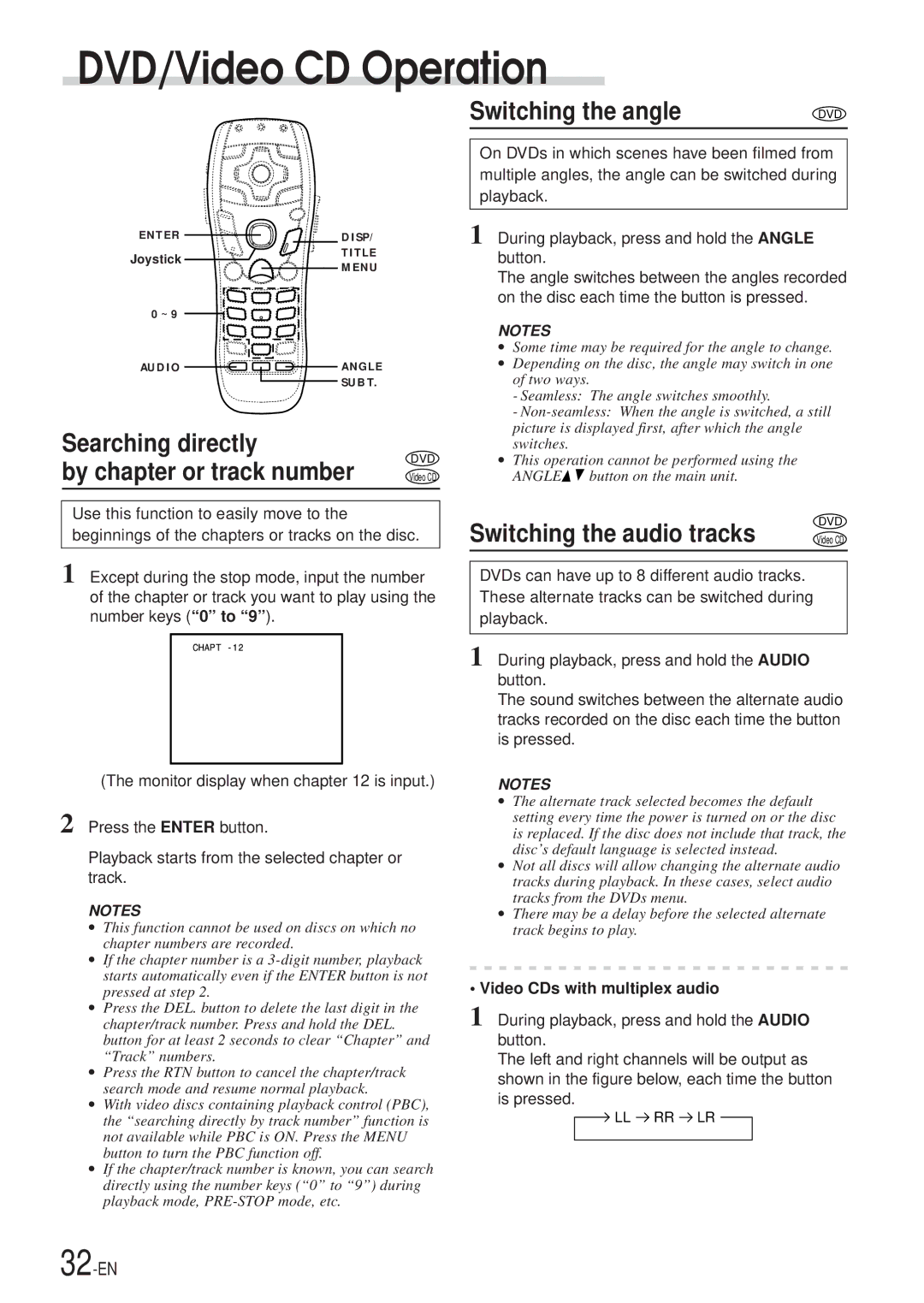 Alpine DVA-7996 owner manual Switching the angle, Searching directly By chapter or track number, Switching the audio tracks 