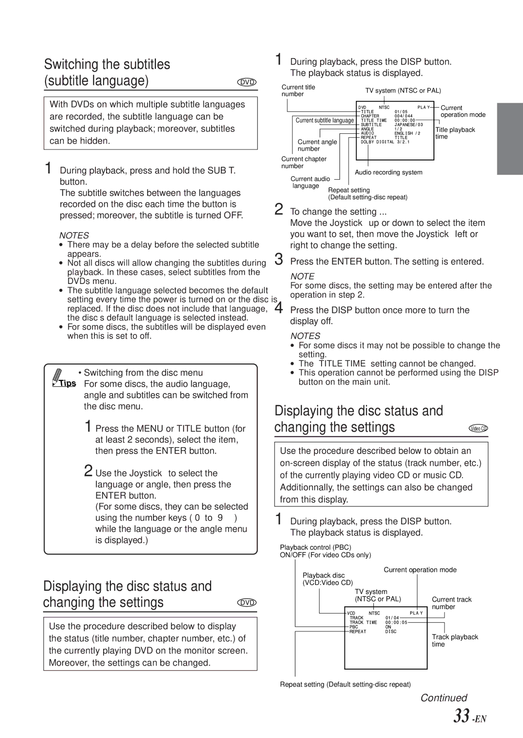 Alpine DVA-7996 owner manual Switching the subtitles Subtitle language, Changing the settings, Displaying the disc status 