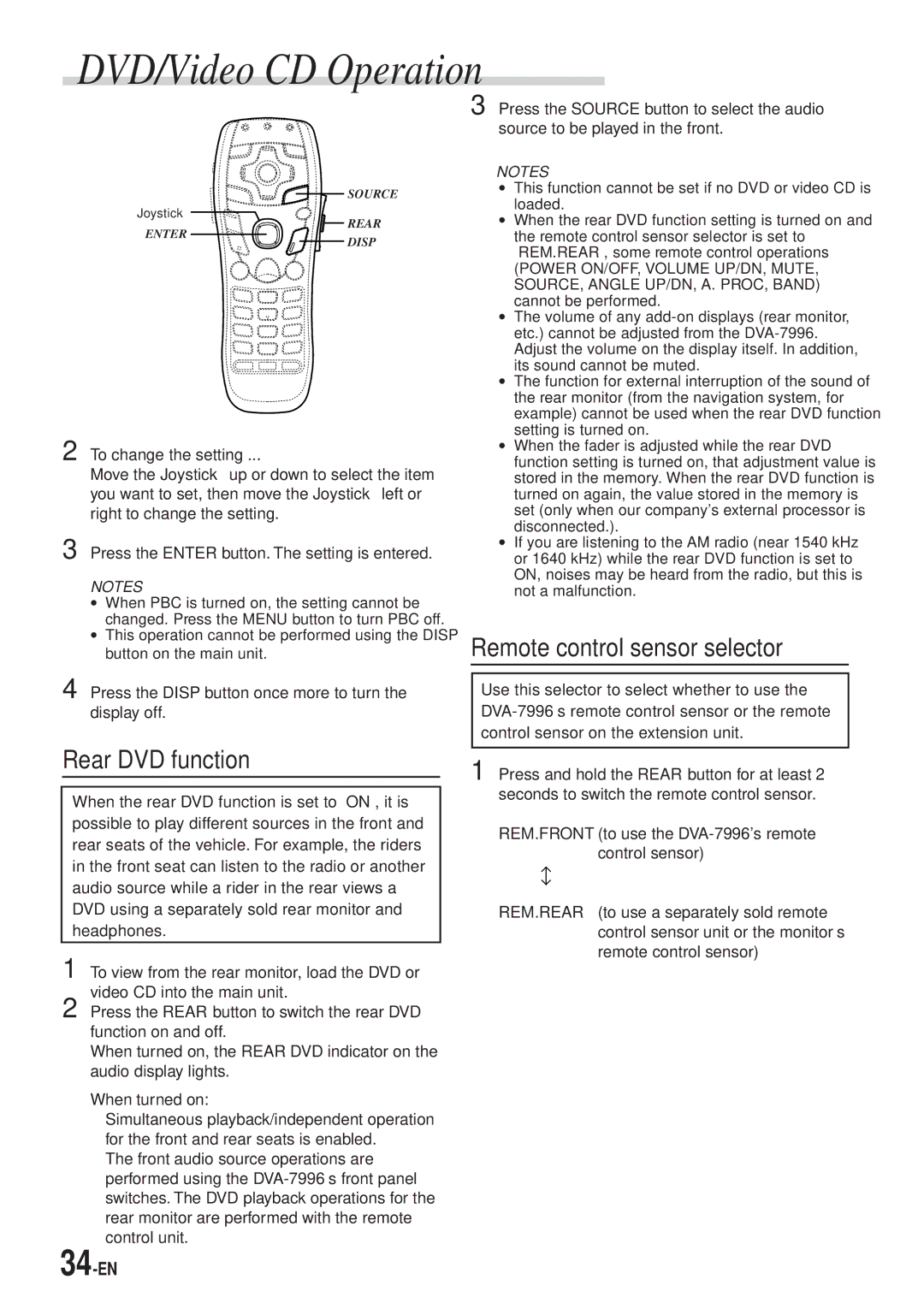 Alpine DVA-7996 owner manual Remote control sensor selector, Rear DVD function 