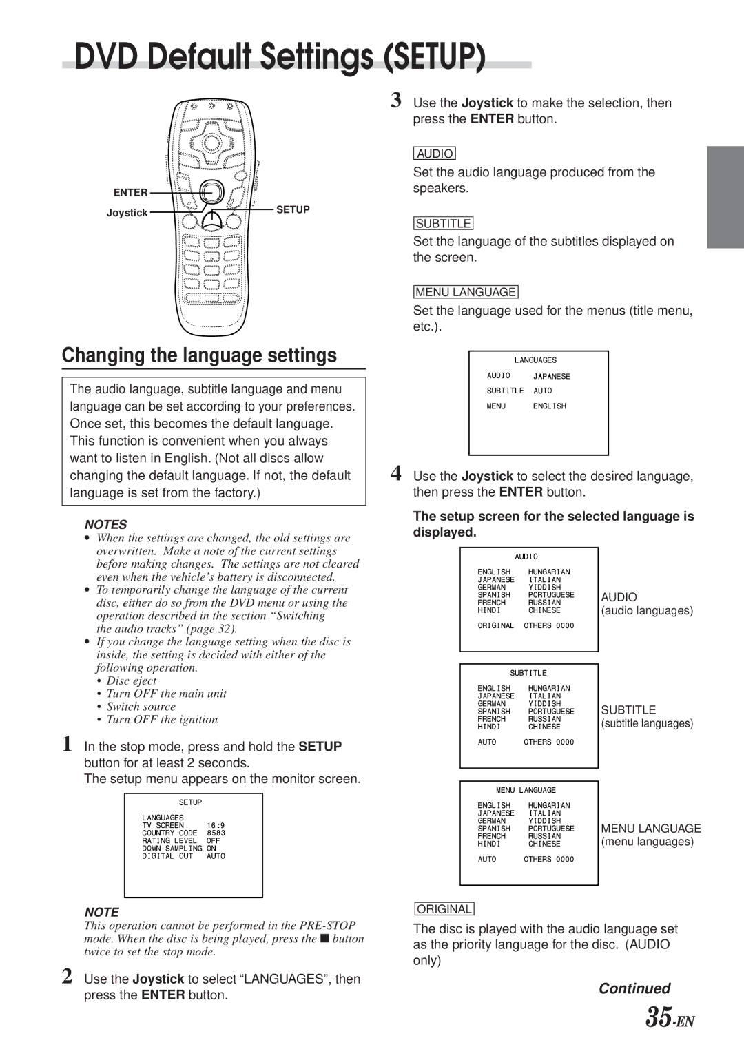 Alpine DVA-7996 owner manual Changing the language settings, Setup screen for the selected language is displayed 