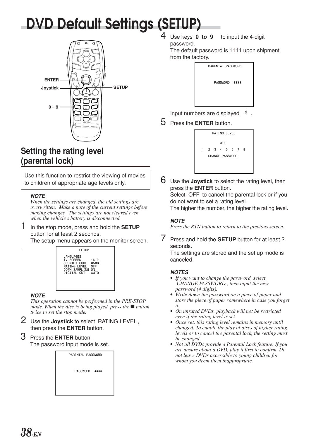 Alpine DVA-7996 owner manual Setting the rating level parental lock, 38-EN 