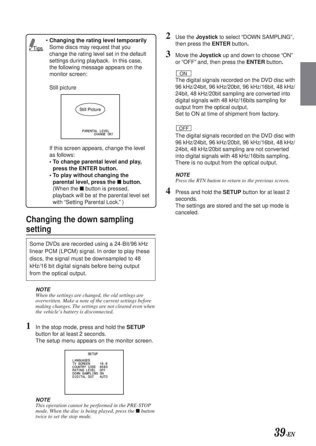 Alpine DVA-7996 owner manual Changing the down sampling setting, Changing the rating level temporarily 