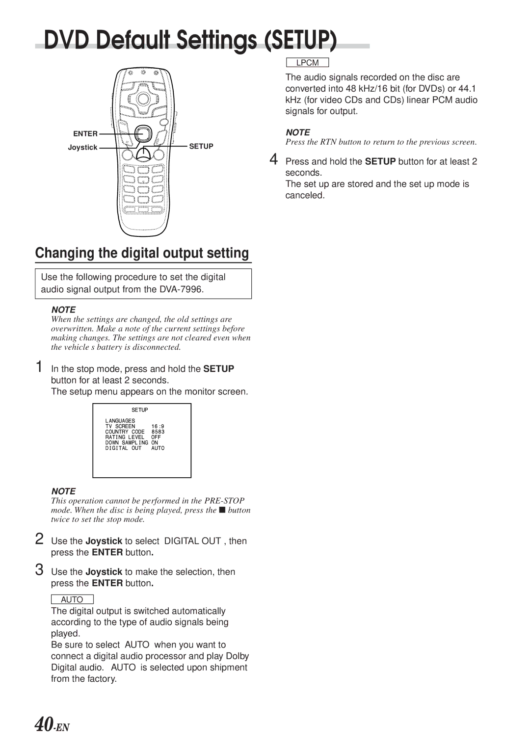 Alpine DVA-7996 owner manual Changing the digital output setting, 40-EN 